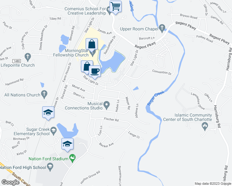 map of restaurants, bars, coffee shops, grocery stores, and more near 7066 Meyer Road in Fort Mill