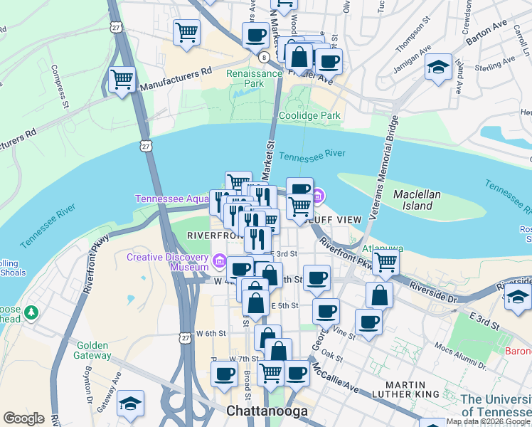 map of restaurants, bars, coffee shops, grocery stores, and more near 138 Market Street in Chattanooga