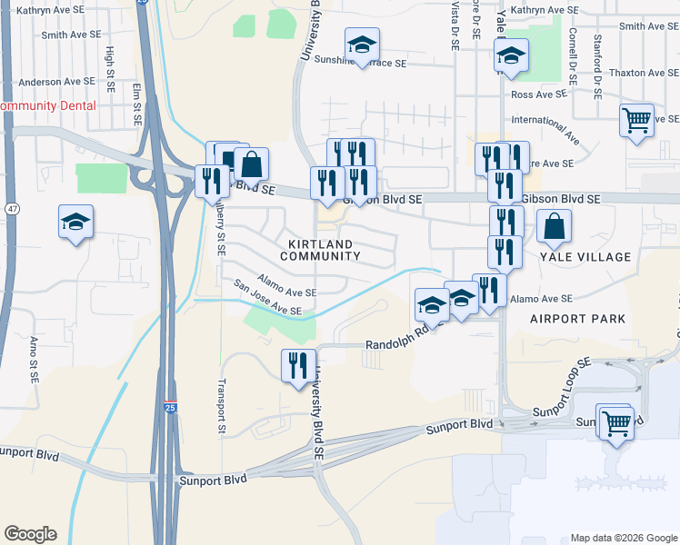 map of restaurants, bars, coffee shops, grocery stores, and more near 1617 Wheeler Avenue Southeast in Albuquerque
