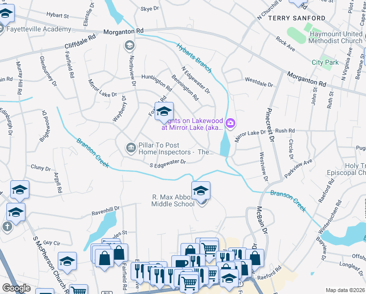 map of restaurants, bars, coffee shops, grocery stores, and more near 2530 South Edgewater Drive in Fayetteville