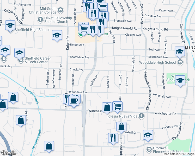 map of restaurants, bars, coffee shops, grocery stores, and more near 3427 Freland Drive in Memphis
