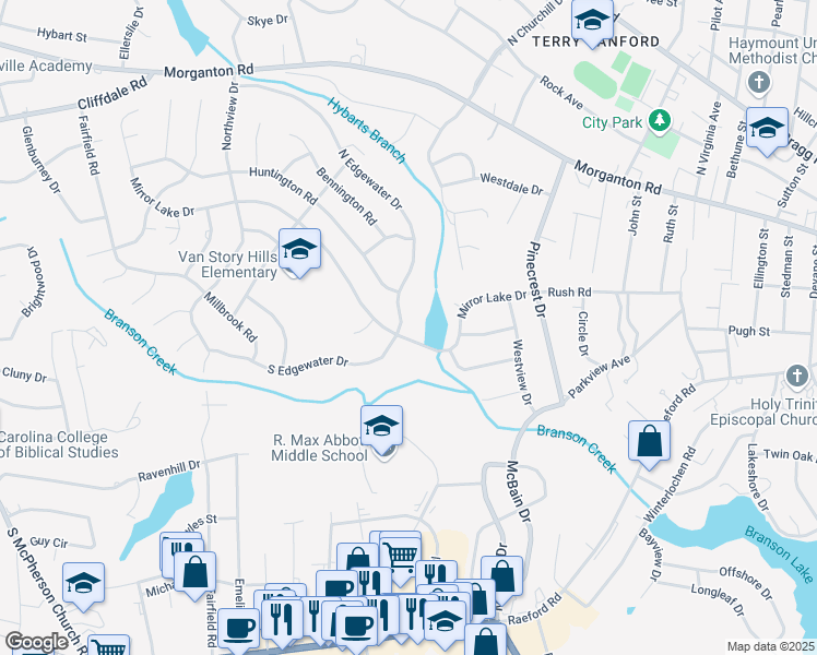 map of restaurants, bars, coffee shops, grocery stores, and more near 2500 North Edgewater Drive in Fayetteville