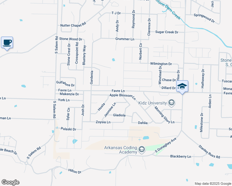 map of restaurants, bars, coffee shops, grocery stores, and more near 2535 Apple Blossom Lane in Conway