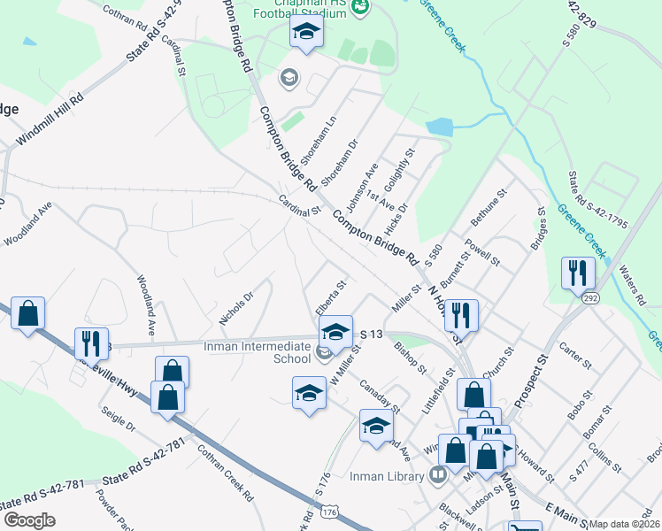 map of restaurants, bars, coffee shops, grocery stores, and more near 110 Maple Drive in Inman