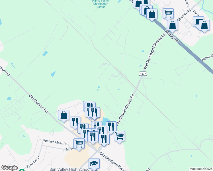 map of restaurants, bars, coffee shops, grocery stores, and more near 5499 Bethel Lane in Monroe