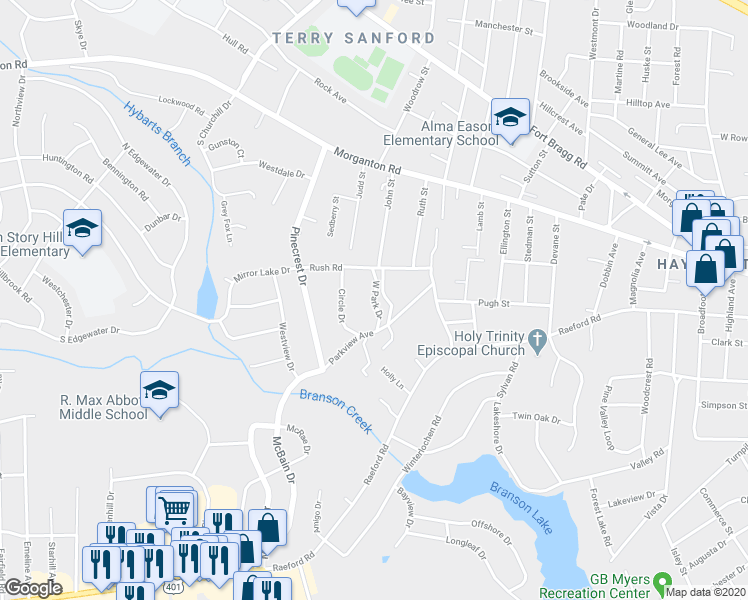map of restaurants, bars, coffee shops, grocery stores, and more near 399 West Park Drive in Fayetteville