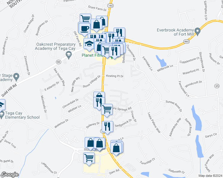map of restaurants, bars, coffee shops, grocery stores, and more near 907 Copperstone Lane in Fort Mill
