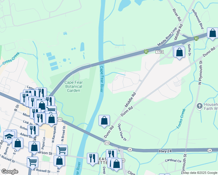 map of restaurants, bars, coffee shops, grocery stores, and more near 1604 Cape Point Drive in Fayetteville