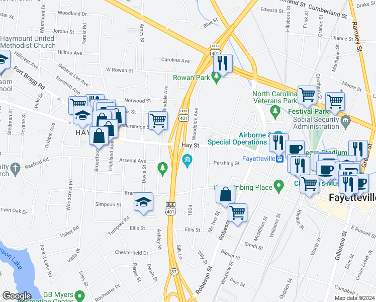map of restaurants, bars, coffee shops, grocery stores, and more near 806 Arsenal Avenue in Fayetteville