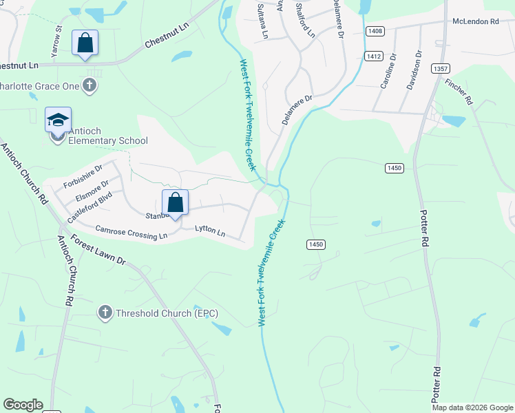 map of restaurants, bars, coffee shops, grocery stores, and more near 2110 Delamere Drive in Matthews
