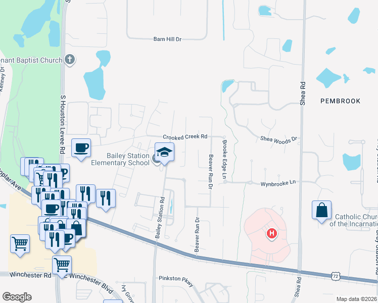 map of restaurants, bars, coffee shops, grocery stores, and more near 3447 Bent Creek Cove in Collierville