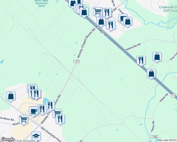 map of restaurants, bars, coffee shops, grocery stores, and more near 3414 Wesley Chapel Stouts Road in Monroe