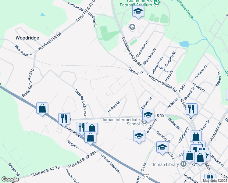 map of restaurants, bars, coffee shops, grocery stores, and more near 119 Beechwood Drive in Inman