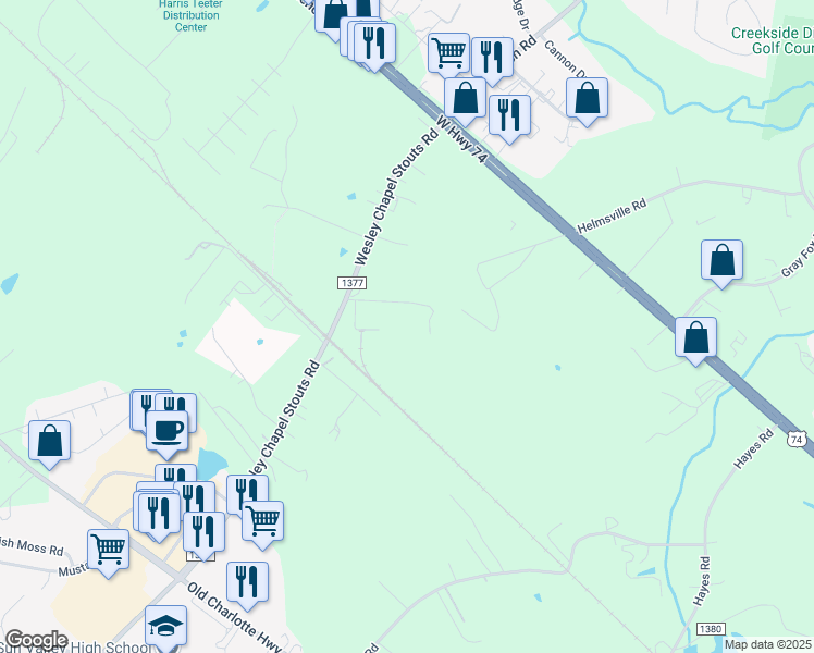 map of restaurants, bars, coffee shops, grocery stores, and more near 3414 Wesley Chapel Stouts Road in Monroe