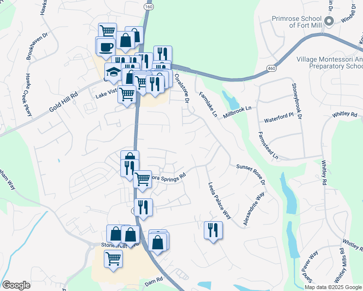 map of restaurants, bars, coffee shops, grocery stores, and more near 2546 Fossil Stone Lane in Fort Mill
