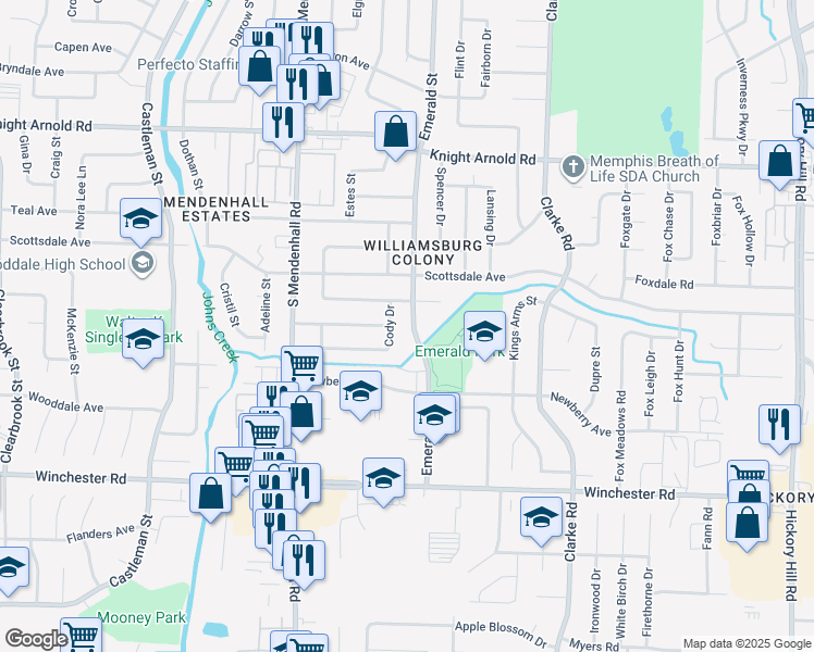 map of restaurants, bars, coffee shops, grocery stores, and more near 3429 Emerald Street in Memphis