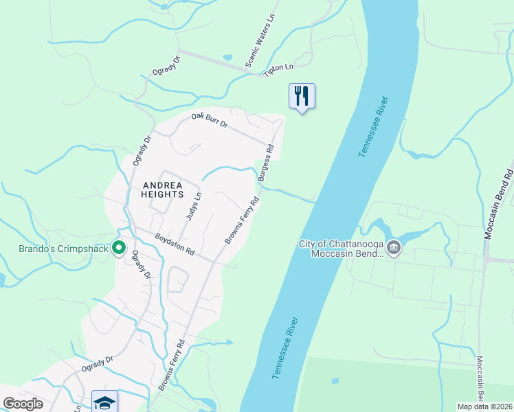 map of restaurants, bars, coffee shops, grocery stores, and more near 1238 Browns Ferry Road in Chattanooga