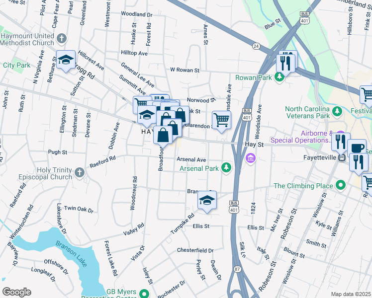 map of restaurants, bars, coffee shops, grocery stores, and more near 1198 Arsenal Avenue in Fayetteville
