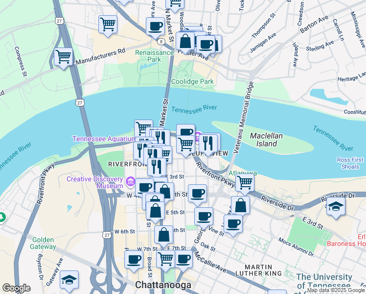 map of restaurants, bars, coffee shops, grocery stores, and more near 129 Walnut Street in Chattanooga