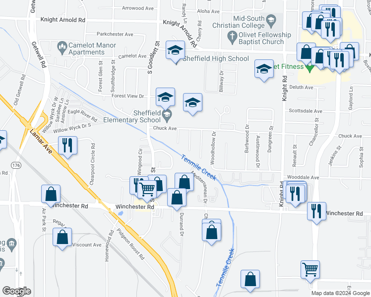 map of restaurants, bars, coffee shops, grocery stores, and more near 3407 Wingate Cove in Memphis