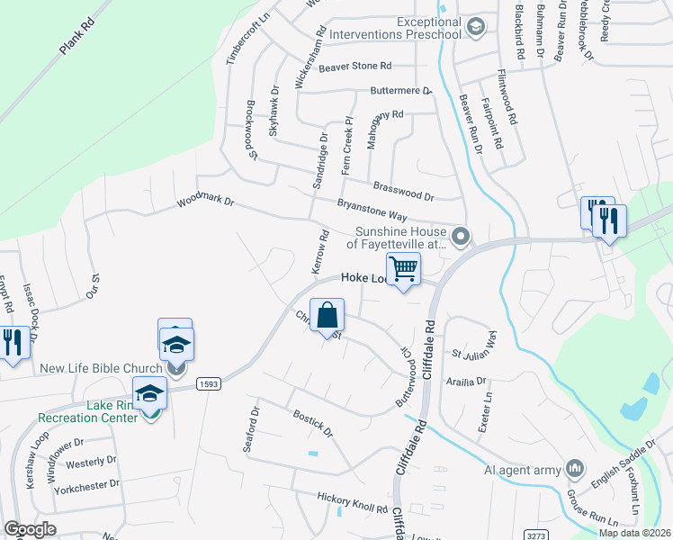 map of restaurants, bars, coffee shops, grocery stores, and more near 1145 Hoke Loop Road in Fayetteville