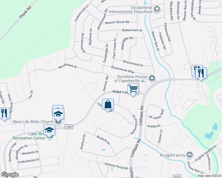 map of restaurants, bars, coffee shops, grocery stores, and more near 1145 Hoke Loop Road in Fayetteville