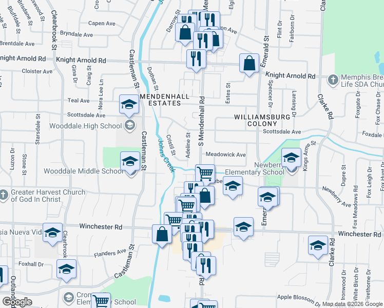 map of restaurants, bars, coffee shops, grocery stores, and more near 3425 Cristil Street in Memphis