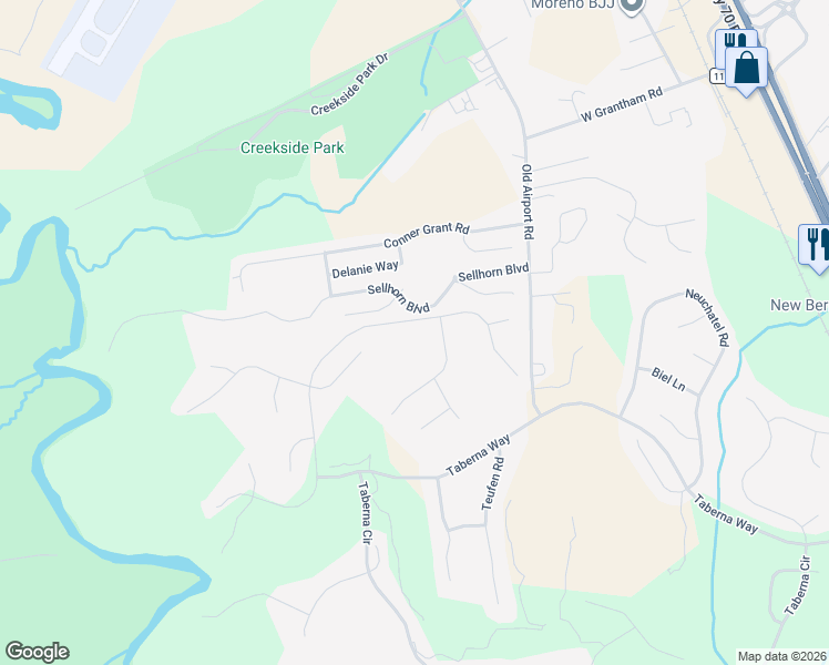 map of restaurants, bars, coffee shops, grocery stores, and more near 104-106 Reinach Lane in New Bern