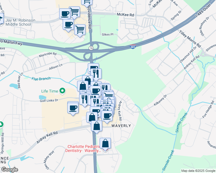 map of restaurants, bars, coffee shops, grocery stores, and more near 6409 Providence Farm Lane in Charlotte