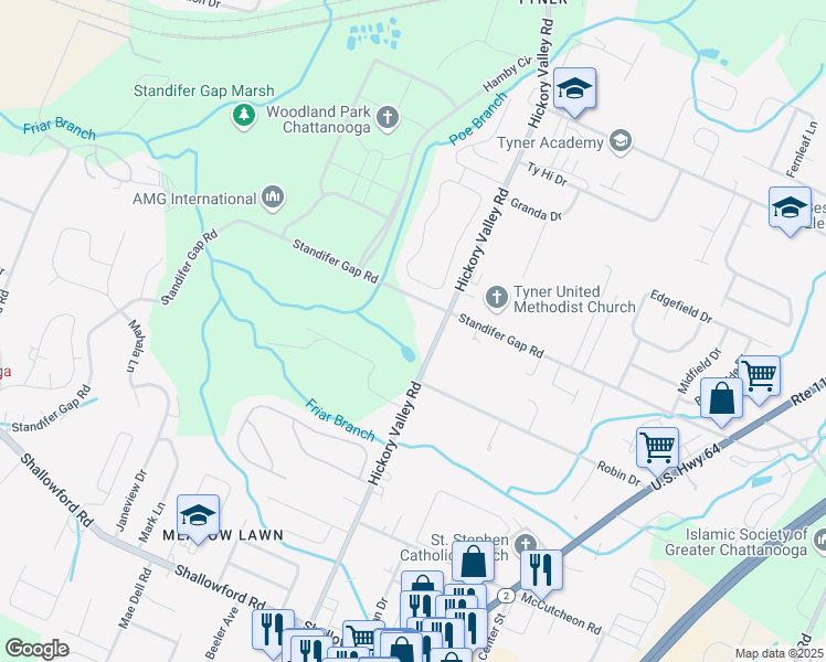 map of restaurants, bars, coffee shops, grocery stores, and more near 6760 Standifer Gap Road in Chattanooga