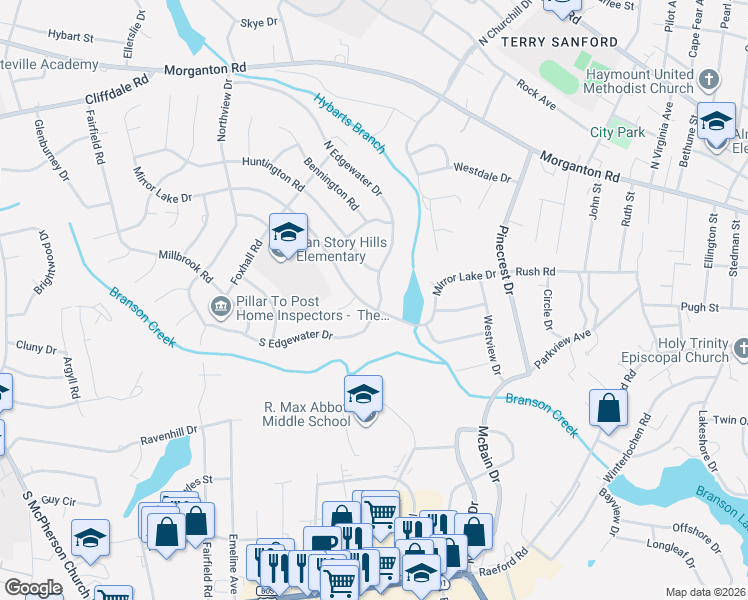 map of restaurants, bars, coffee shops, grocery stores, and more near 2503 North Edgewater Drive in Fayetteville