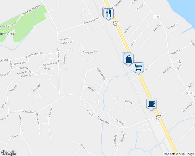 map of restaurants, bars, coffee shops, grocery stores, and more near 105 Uster Court in New Bern