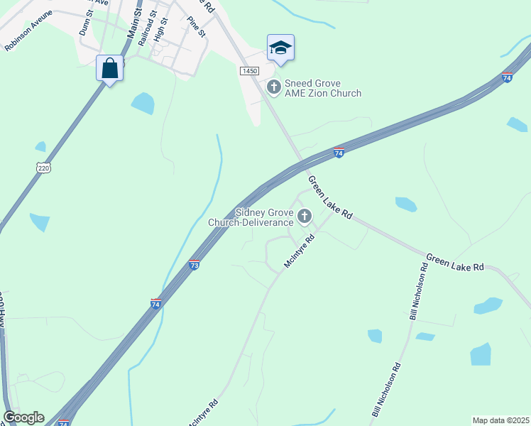 map of restaurants, bars, coffee shops, grocery stores, and more near 147 Jasper Nicholson Road in Ellerbe