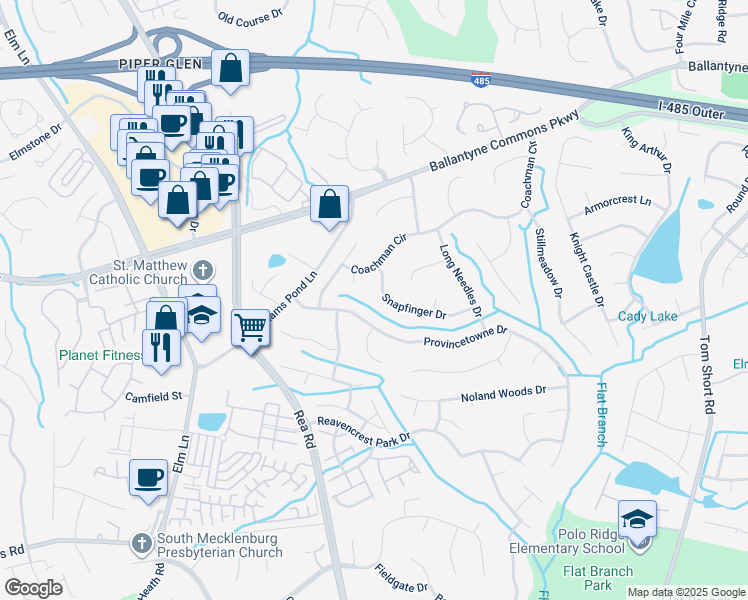 map of restaurants, bars, coffee shops, grocery stores, and more near 11419 Snapfinger Drive in Charlotte