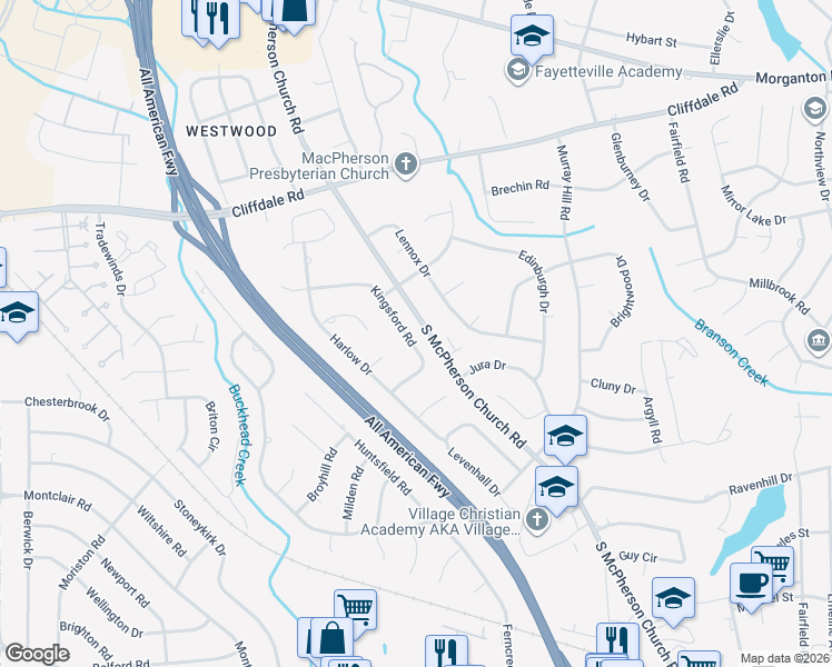 map of restaurants, bars, coffee shops, grocery stores, and more near 473 Kingsford Road in Fayetteville