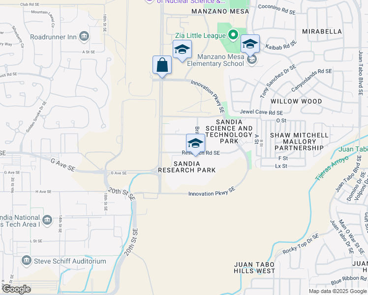 map of restaurants, bars, coffee shops, grocery stores, and more near 10421 Research Road Southeast in Albuquerque