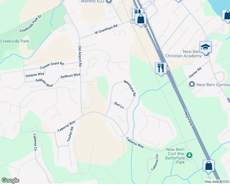 map of restaurants, bars, coffee shops, grocery stores, and more near 437 Neuchatel Road in New Bern