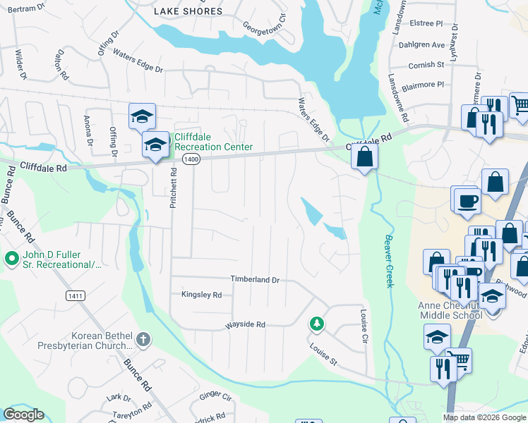 map of restaurants, bars, coffee shops, grocery stores, and more near 141 Leona Avenue in Fayetteville