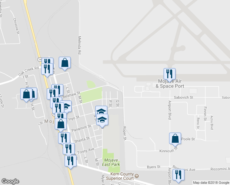 map of restaurants, bars, coffee shops, grocery stores, and more near 16035 Q Street in Mojave