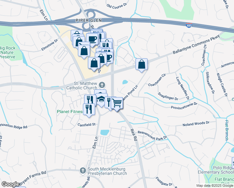 map of restaurants, bars, coffee shops, grocery stores, and more near 11526 Falling Leaves Drive in Charlotte