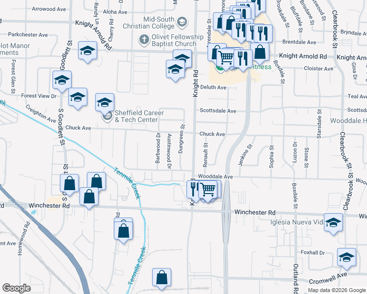 map of restaurants, bars, coffee shops, grocery stores, and more near 4555 Chuck Avenue in Memphis
