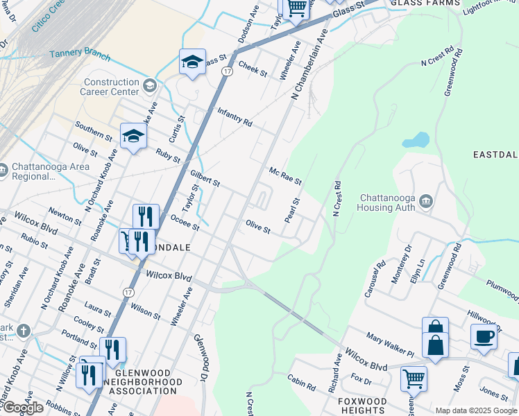 map of restaurants, bars, coffee shops, grocery stores, and more near 1985 Maple Hills Way in Chattanooga