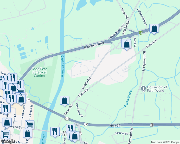 map of restaurants, bars, coffee shops, grocery stores, and more near 1726 Bluffside Drive in Fayetteville