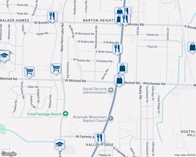 map of restaurants, bars, coffee shops, grocery stores, and more near 18 East Mitchell Road in Memphis