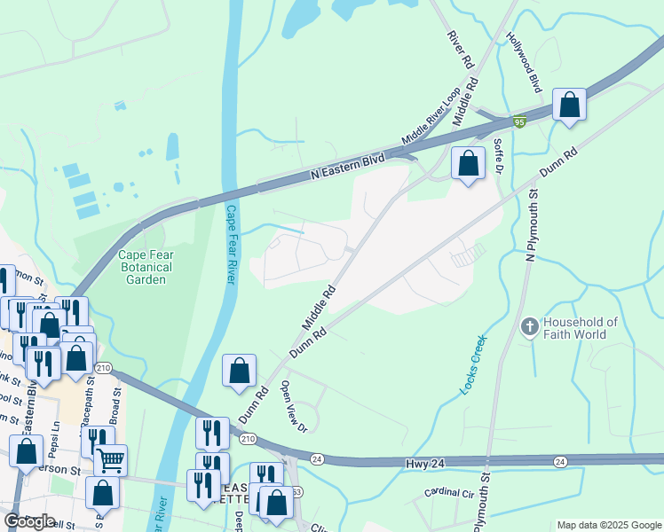 map of restaurants, bars, coffee shops, grocery stores, and more near 1726 Bluffside Drive in Fayetteville