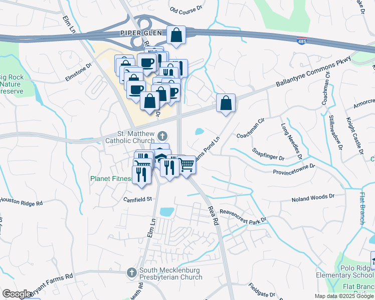 map of restaurants, bars, coffee shops, grocery stores, and more near 11526 Falling Leaves Drive in Charlotte