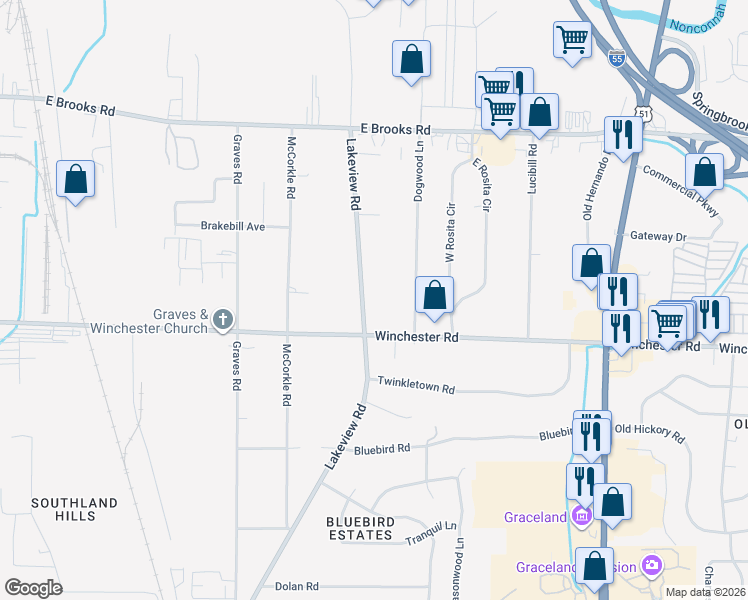 map of restaurants, bars, coffee shops, grocery stores, and more near 3380 Lakeview Road in Memphis