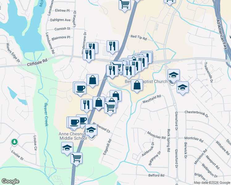 map of restaurants, bars, coffee shops, grocery stores, and more near 5876 Leisure Lane in Fayetteville