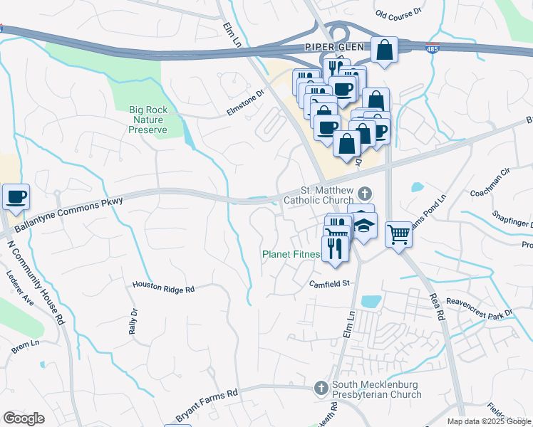 map of restaurants, bars, coffee shops, grocery stores, and more near 8420 Ballantyne Commons Parkway in Charlotte