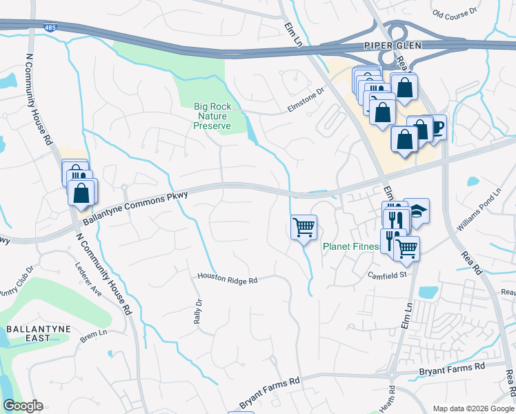 map of restaurants, bars, coffee shops, grocery stores, and more near 8708 Suninghurst Lane in Charlotte